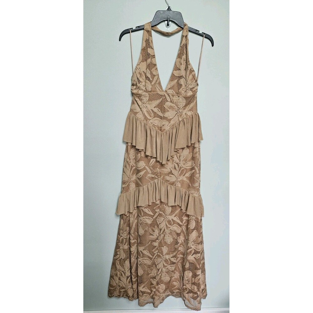 Sz L - AFRM Athens Floral Lace Ruffle Halter Maxi Dress Brown